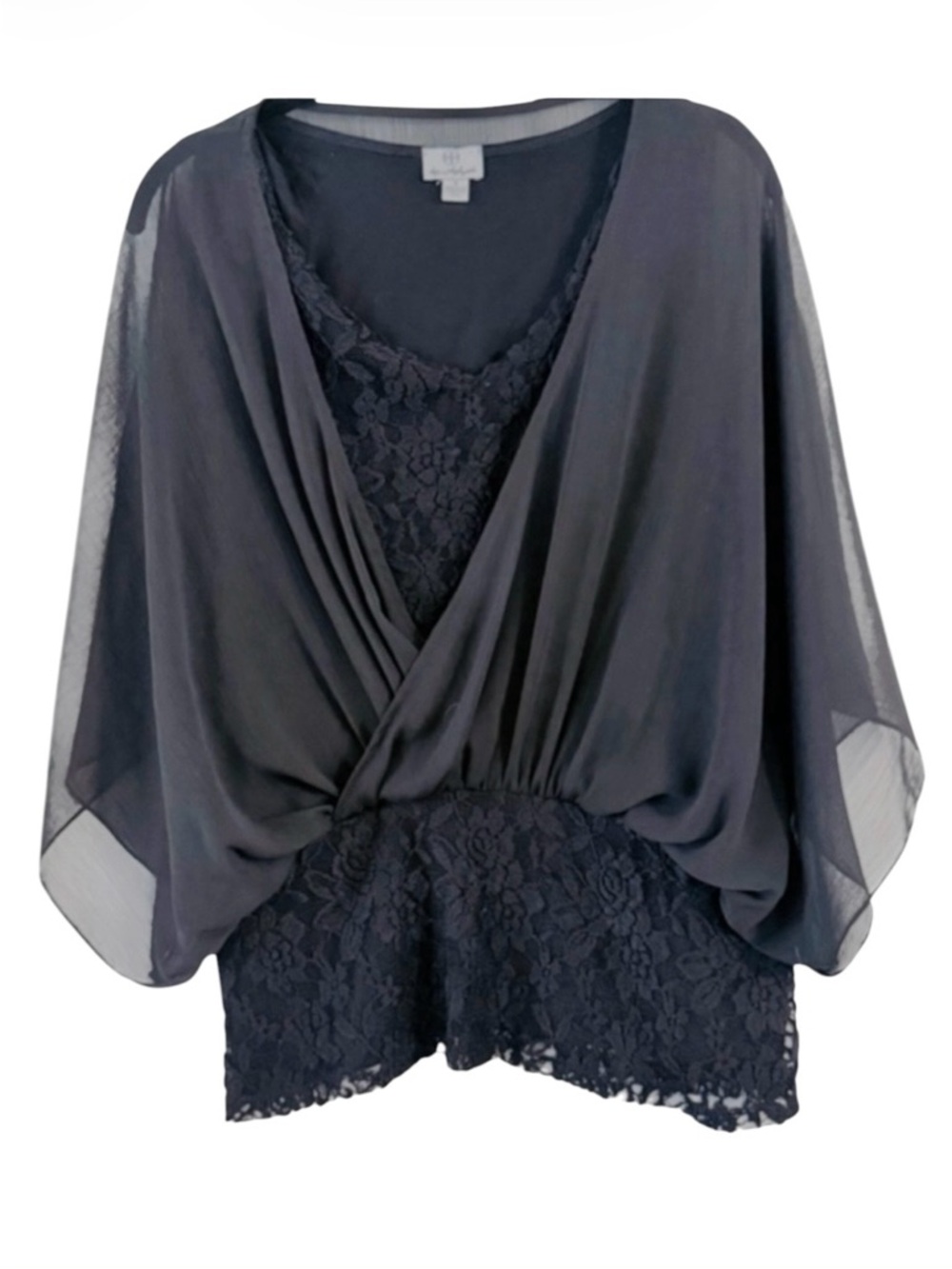 Hot in Hollywood Black Chiffon & Lace Draped Sheer Batwing Top Size S